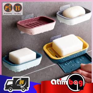 DM Double Single Deck Soap Tray Drain Free Punching Shelves Laundry Soap Tray Seamless Paste Bathroom Soap Box Wall-Mounted Soap Holder-Blue