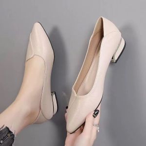 [Free Shipping] Soft Leather Shallow-Toe WomenS Shoes 2026 Spring/Autumn New Collection Versatile Pointed-Toe Mid-Heel Chunky Heel Work Shoes Casual WomenS Shoes
