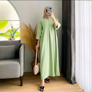 Dress Aurel Daster Gamis Busui Lengan 3/4 Cringkle Airflow Zea Long Jumbo Ld 120 Baju Wanita Lebaran