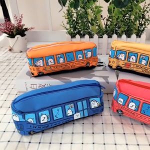 Bekas Pensel Bas 🚌 Cute Bus Pencil Case Canvas Stationery Pouch Large Capacity Kids School Gift