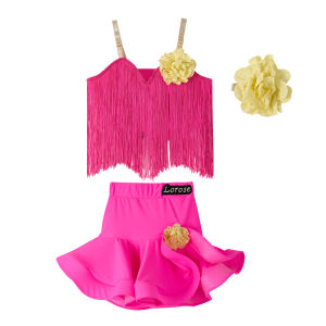 ชุดเต้นซัลซ่าสำหรับเด็กผู้หญิง2ชิ้นชุดเดรสเต้นรำละตินเสื้อแขนกุดสลิงพู่และชุดกระโปรงละตินชุดแทงโก้รุมบ้าเต้นเด็กอายุ5-14ปี