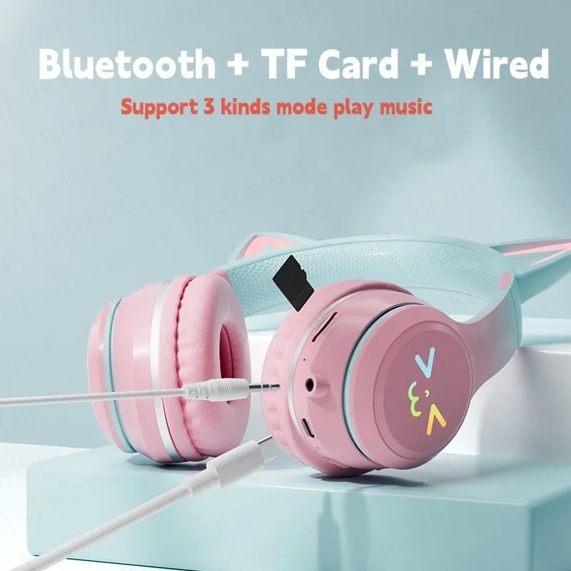 【OPTIMUM】Original Wireless Headphones RGB Cute Cat Girls Kids Gift Headset With Microphone Stereo Music Gaming Headsets Control lights Earphone