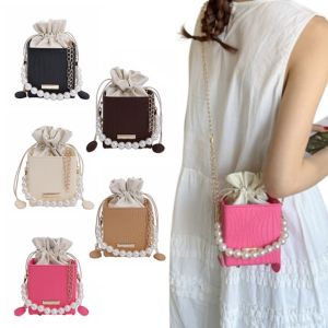 LANGJ ชิค กระเป๋าสะพายไหล่ผู้หญิง หรูหราเบา สง่างาม กระเป๋าสะพายข้างแบบกล่องโซ่ กระเป๋าถือตอนเย็น ไข่มุก กระเป๋าสะพายข้างแบบถัง ท่องเที่ยวกลางแจ้ง