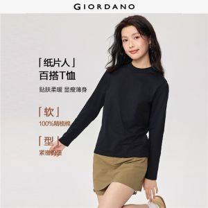 GIORDANO Women T-Shirts 100% Cotton Simple Basic Tee Mock Neck Long Sleeve Soft Comfort Classic Fashion Casual Tshirts 18465820 Free Shipping 13322880