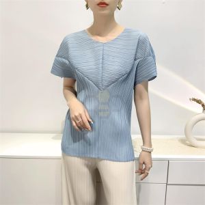 ☽ Aiden001 Average Size (45-70Kg) Pleated Top Womens Summer T-Shirt Half-Fold Slim Pleated Loose High Elasticity Ironing Free S23027