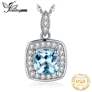 JewelryPalace 925 Sterling Silver Pendant Necklace for Women Natural Sky Blue Topaz Halo Gemstone Pendant Jewelry No Chain