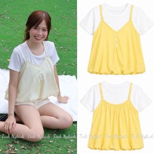 Set áo yếm retro - Áo form bí bồng hai dây cúc dọc phối Áo Thun trơn tay ngắn cổ tròn