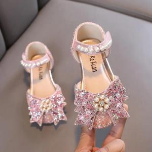 Little Baby Girl Silver Rhinestone Princess Party Sandals Children Pearl Bow Dancing Flats Kids Shining Performance Shoes H06051