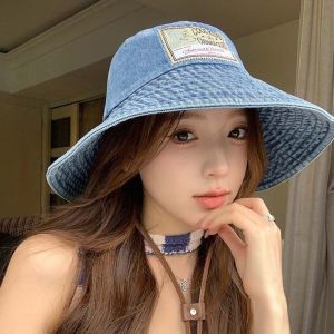 THANKSKY ที่บังแดด หมวกถังผ้ายีนส์ ปีกกว้างกว้าง น้ำหนักเบามาก หมวกชาวประมงย้อนยุค คาวเกิร์ล โพลีเอสเตอร์ หมวกป้องกันแสงแดด สำหรับผู้หญิง