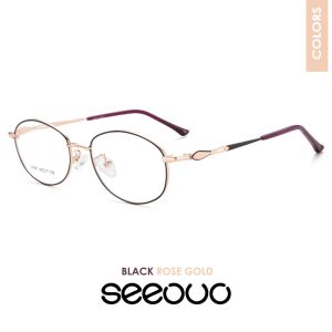 Seeouo Frame Kacamata Lensa Plano Model Oval Women Stylish Full Metal Kokoh Fashionable Bisa Minus Bluecromic 34397