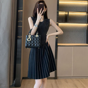 IELGY Summer Round Neck Sleeveless Knit Vertical Stripe Dress