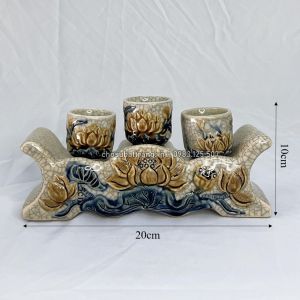 Có video - Kỷ chén (chung nước thờ cúng) thờ men rạn nổi hoạ tiết sen (hàng VIP)