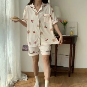 M-5XL Terno Pajama for Woman Plus size Pajamas Cotton Summer Short sleeves Sleepwear Set Oversized Loose Korean version Cartoon Cute Nightwear㏇X0411
