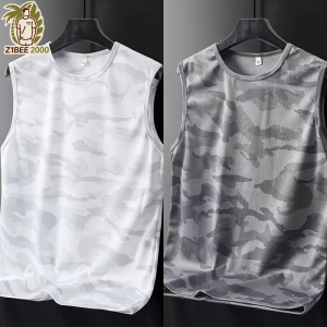 【M-5XL】 2025 New Summer Mens Ice Silk Mesh Vest Trendy Camouflage Print Quick-Dry Breathable Loose Fit Sleeveless Shirt Athletic Sportswear Black Grey White
