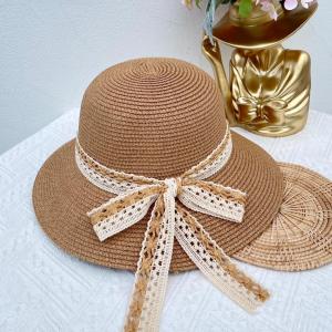 หมวกสานทรงกลมปีกกลางคาดโบว์ [รหัสA056] ใส่เที่ยวทะเลคาเฟ่  สินค้าพร้อมส่งจากไทย