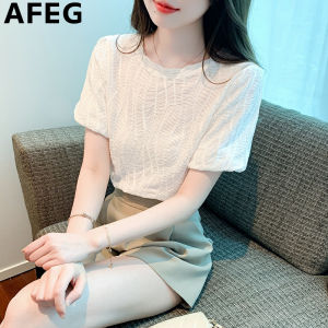 AFEG new Korean version of the round neck fashion loose all pleated bubble sleeve T-shirt