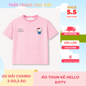 Áo Thun Nữ Sọc Ngang Hello Kitty Form Ôm Co Giãn – Basic Dễ Phối