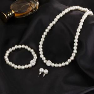 ANANAA 3PCS/set Elegant Imitation Pearl Jewelry Set Crystals Beads Decoration Simple Pearl Necklace Earrings Set  Wedding Jewelry Pearl Bracelet for Women