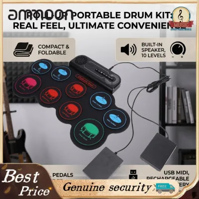 ammoon 9 Pad Roll Up Electronic Drum Set Portable Silicone Drum Kit Built in Speaker Headphone Jack USB MIDI 8 Demo Songs Dual Pedals for Beginners