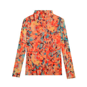 REHIN Womens top Autumn and winter new fashion long-sleeved T-shirt cotton high-collar mesh positioning print trend blouse