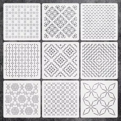 OKDEALS 9/32Pcs Reusable Sashiko Embroidery Template Translucent Geometric Patchwork Stencil Handmade PET Stencil Embroidery Handicraft Tools