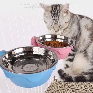 OUTOPEN Stainless Steel Pet Hanging Bowl Non Tip Over Double Layer Cat Food Water Dish Stable Detachable Cage Mounted Cat Feeder Dog Feeding