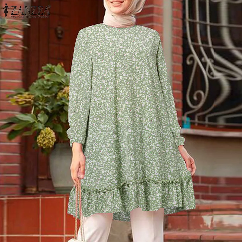 ZANZEA Muslimah Women Muslim Raya Clothes Blouse Fashion Long Sleeve Ruffle  Hem Floral Printed Top Pullover