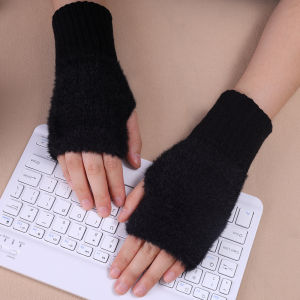 1pair Women Winter Keep Warm Plush Gloves Elasticity Soft Half Fingers Mittens Imitation Mink Fur Knitted Girls Fashion Gloves