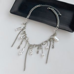 JPTD Imitation Pearl Baroque Pearl Necklace Silver Tone Metal Neck Jewelry Y2K Irregular Tassel Choker Women