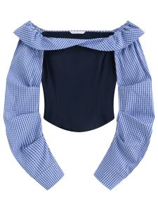 FSLE 2026 Spring Womens Off-Shoulder Blue Gingham Blouse - Elegant Ruffled Lapel Long Sleeve Top for Office Commute2026