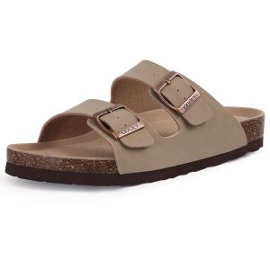Crestar Women Cork Footbed Slippers Summer Couple Adjustable Double Buckles Flat Sandals Outdoor Cork Beach Slides With Open Toe2026