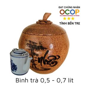 Bình ủ trà gỗ dừa cao cấp khắc chữ Nhẫn / Tùy chọn bình trà 05 - 08 - 13 - 20 lít / Giữ ấm 3 - 5 giờ / Hàng đạt OCOP 3 sao tỉnh Bến Tre năm 2023 / Sản phẩm mỹ nghệ dùng làm quà đặc trưng xứ dừa Bến Tre