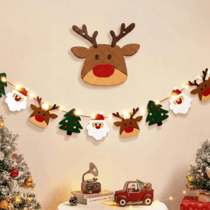 MUQZI LED Light String Luminous Christmas Banner Felt Material Handmade Xmas Wall Hanging Room Background Polyester Pull Flag Home