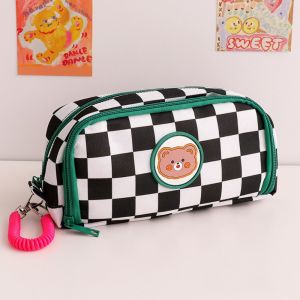 YTSKY Checkerboard Pencil Case Canvas Large Capacity Stationery Storage Bag Pen Case Cartoon Pencil Bag Girl Gifts