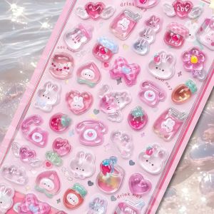 Cute 3D Embossed Crystal Stickers Transparent for Girls Phone Laptop Decorative Cartoon Stickers Stationery