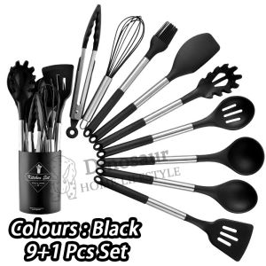 🇸🇬 ReadyStock 9+1Pcs Stainless Steel Cooking Utensils Set Heat‑Resistant Non‑Stick Kitchen Tools with Storage Holder Multi‑purpose Kitchenware Cookware Gadget Set for Home Daily Cooking