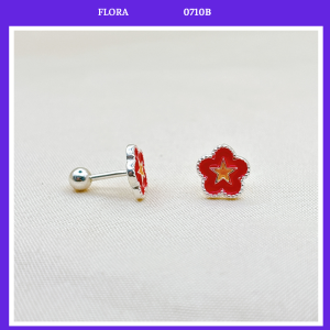 FLORA 0710B - Bông tai bạc ta khuyên chốt ren hình hoa cờ đỏ sao vàng Việt Nam dành cho bé gái