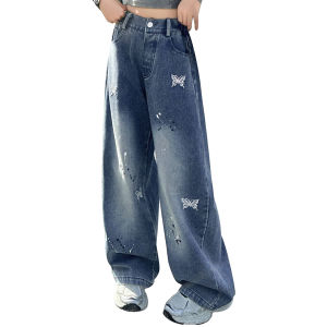 Rolanko Girls Denim Wide-Leg Pants Kids Fashion Baggy Jeans Elastic Waist Trousers School Children Daily Casual Wear Bottoms 5-16 Years