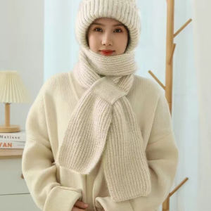 Winter Knitted Integrated Hat Scarf Set Thermal Ear Protection Scarf Beanies Cycling Windproof Ladies Outdoor Warm Caps