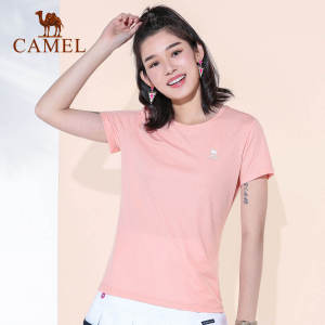 CAMEL เสื้อยืดแขนสั้นผู้หญิงใหม่หลวมสบายๆกีฬาฟิตเนสวิ่งเสื้อยืดผู้หญิง