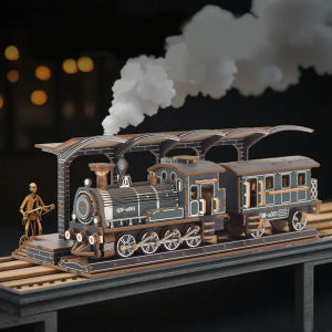 3D Wooden Puzzle Retro Steam Train Station Car Puzzle Engineering Vehicle Model DIY Handmade Assembly Toys for Children Kids