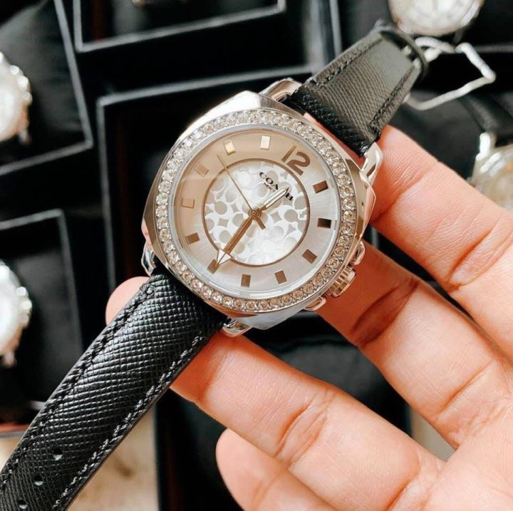 Coach Boyfriend Signature Glitz White Dial Black Leather Strap with Paved Crystal Bezel Ladies Watch Lazada PH