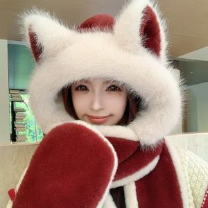 DOWNA 3-in-1 Fox Ear Hat Scarf Gloves Keep Warm Windproof Scarf Gloves Cute Ear Protection Hooded Scarf for Women