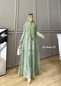 Uniwafda Gamis Muslim Syari Set Khimar Pesta Jumbo Brokat Tille Aruna 15