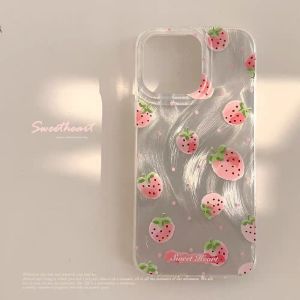 💗Internet celebrity trend+In stock+COD Luxury Laser Silver Pink Strawberry Phone Case for iPhone 16 15 14 13 Pro Max 11 12 13 Pro XR XS MAX SE2 Shockproof Bumper Fundas