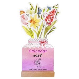 MRCHUA Wooden Base Bloomy Flowers Desk Calendar Vase Shaped Detachable Base Floral Desk Calendar  Floral Theme Monthly Planner for Table Desk Decor