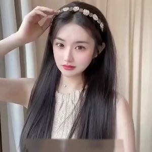 Women Vintage Rhinestone Hairband Wig Beauty Long Straight Hair U-Shaped Hairband Wig for women