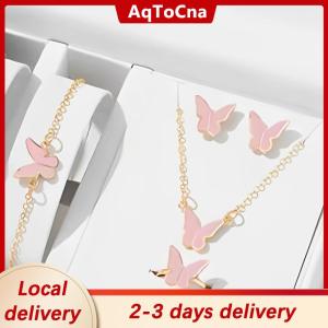 [COD] AqToCna Ship within 24 hours 5PCS Fashion Butterfly Pendants Necklace Earrings Ring Bracelet Sets For Women Jewelry Set Bridal Wedding Jewelry Gift