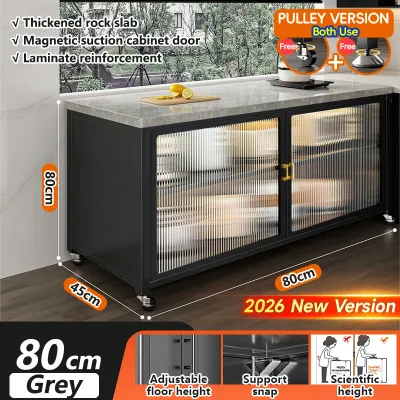 🔥SG Local Seller🔥2025 Upgrade Thickened 10mm Rock Slab Kitchen Storage Cabinet With Pulley Kitchen Storage Rack Bowls/Dishes/Microwave/Oven Kitchen Cupboard Organiser 厨房中岛柜 岩板柜 置物柜 收纳柜