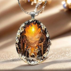 Cross Border Foreign Trade Fashion Exquisite Pattern Oval Glass Alloy Pendant Necklace Manufacturer Direct Sales
